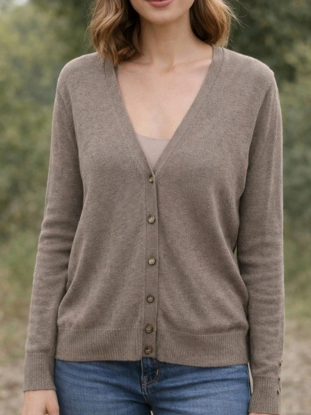 New York & Company V-neck Cardigan Soft Taupe Crystal Buttons Long Sleeve Sz XL